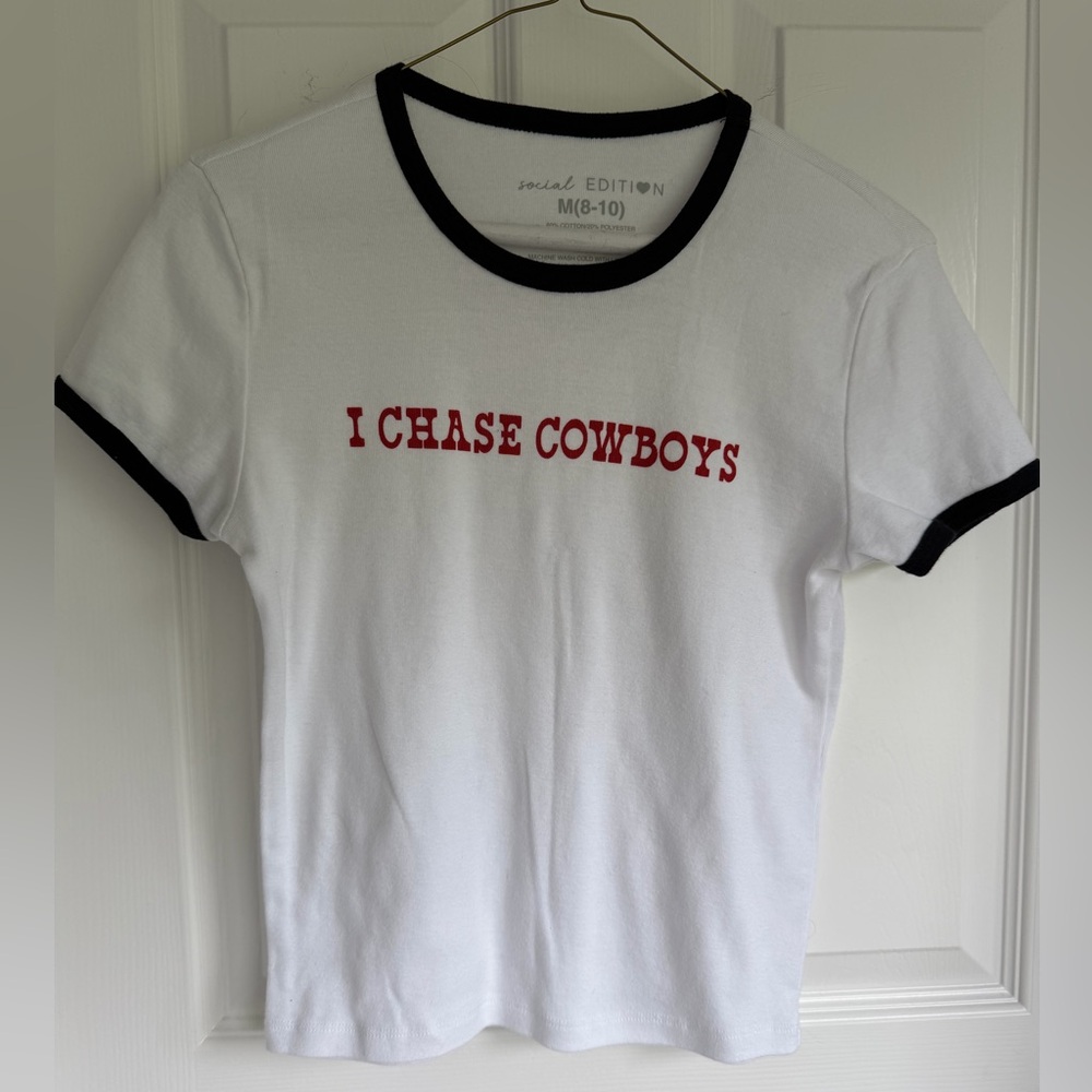 Social Edition White Short-Sleeve Tee with Black Trim and Red Slogan